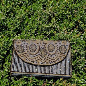 Fancy Black Satin~Beaded~Evening Shoulder/Clutch Bag/Purse~Unbranded